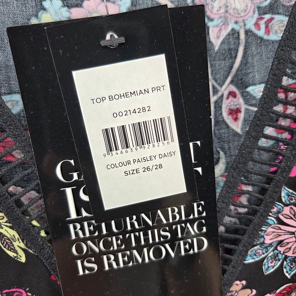 Avenue Bohemian Print Top 26/28 Black Paisley Daisy Lace Trim Bell Sleeve Boho - Picture 5 of 8